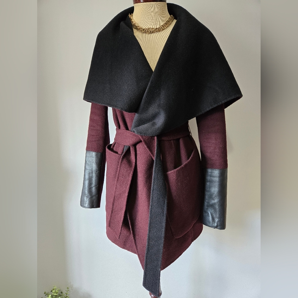 BCBG MAXAZARIA Burgundy and Black Wool Wrap Coat. Size M